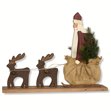 Signed Rustic Santa and Reindeer Sleigh Decoration