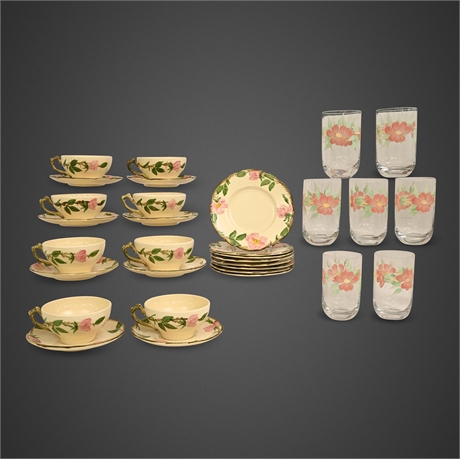 Franciscan Desert Rose 31-Piece Set — 8 Teacups & Saucers, 8 Plates, 7 Glasses