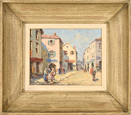 Dennis Hinsley Village Market Scene – Signed Oil on Canvas