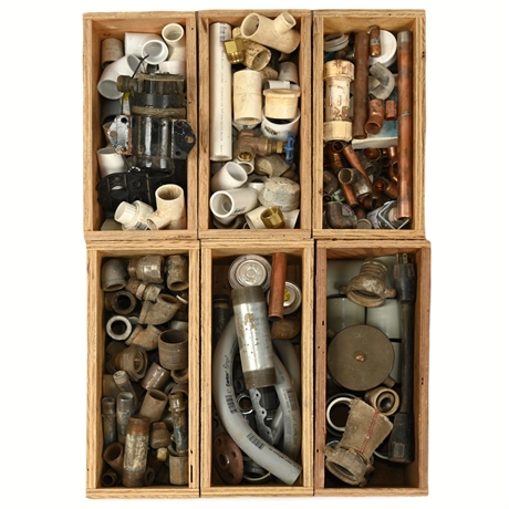 6 Wooden Crates of Assorted Plumbing Supplies – Copper, PVC & Vintage Fittings