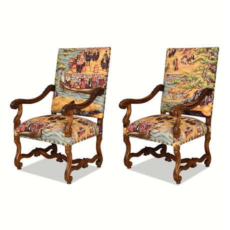 Louis XIV Os de Mouton Carved Walnut Armchairs, Chinoiserie Toile, Pair
