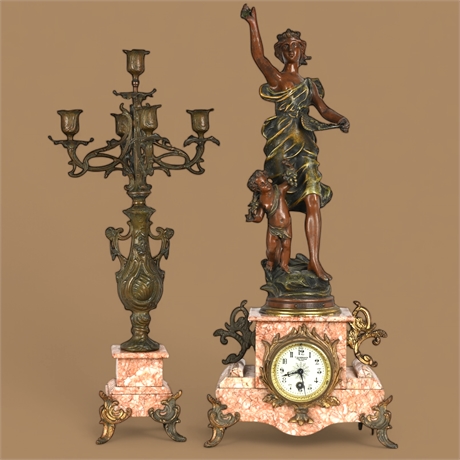 Antique French Marble Clock and Candelabra Set, "Les Raisins" by E. Lambrechts