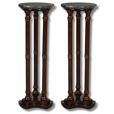 Green Marble-Top Mahogany Column Pedestals — Tall Pair, Turned Legs