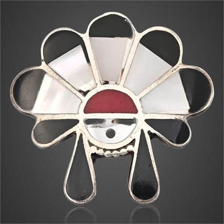 Vintage Zuni Sun Face Inlay Ring — Sterling, MOP, Coral & Onyx