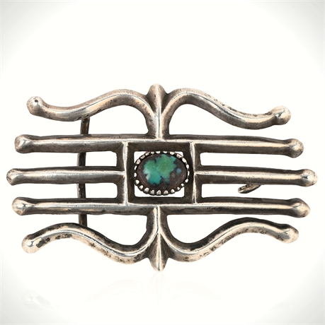 Mid‑Century Navajo Sandcast Silver Buckle with Natural Turquoise