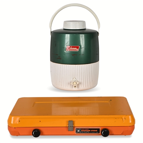Vintage Sears 2-Burner Propane Stove & Coleman 2-Gallon Water Jug
