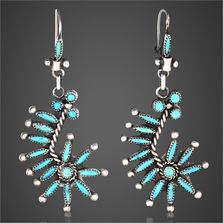 Vintage Zuni Sterling Silver Needlepoint Sleeping Beauty Turquoise Earrings