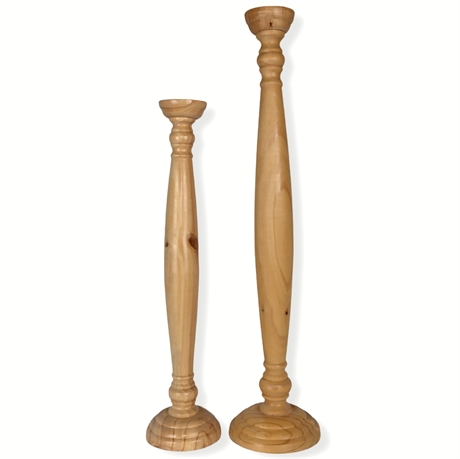 Grand Turned Wooden Candlesticks with Natural Finish – 29” and 36” Decorative Pa