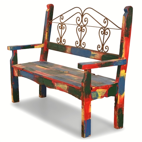 Rustic Hand-Painted Wooden Bench – Distressed Folk Art with Iron Back