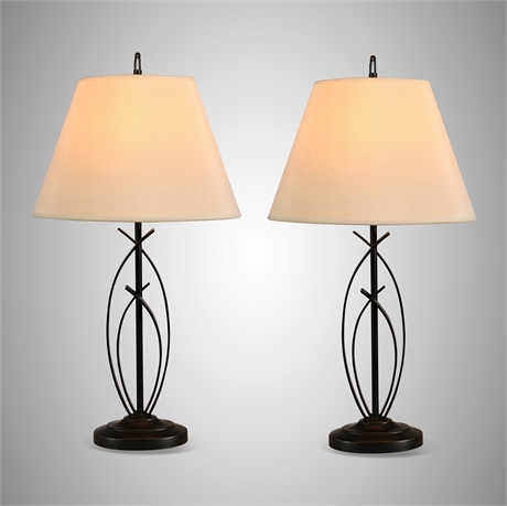 Cheyenne Bronze-Tone Metal Table Lamps with Cream Shades, Pair