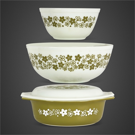 Pyrex Spring Blossom Green Mixing Bowls & Casserole with Lid, 4 Pc
