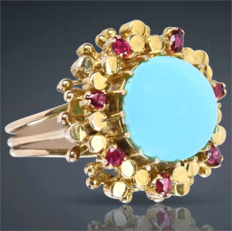 Vintage 14K Turquoise & Ruby Cocktail Ring