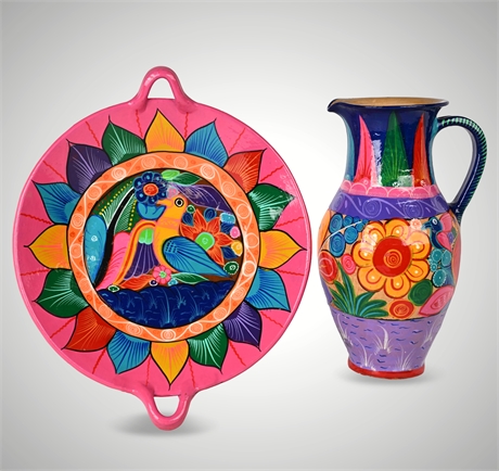 Mexican Folk Art Hand-Painted Pitcher & Double-Handled Platter