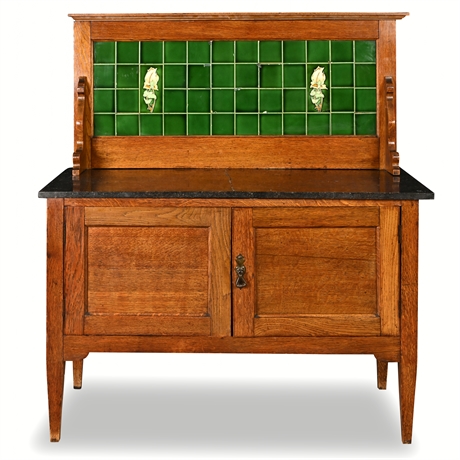 Arts & Crafts Oak Sideboard w/ Green Tile Backsplash & Marble Top