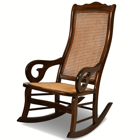 Vintage Cane Walnut Scroll Arm Rocking Chair