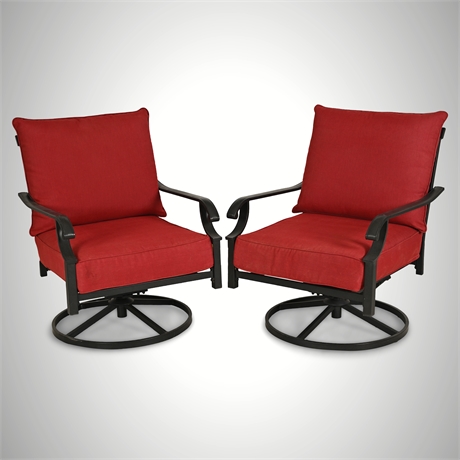 Hampton Bay Rock N Swivel Patio Chairs Pair Red Cushions