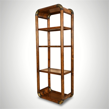 1970s Brass-Mounted Pine Tubular Étagère with Smoked Glass Shelves