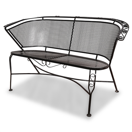 Mid-Century Wrought Iron Mesh Garden Bench — Curved Back, 50 Inches