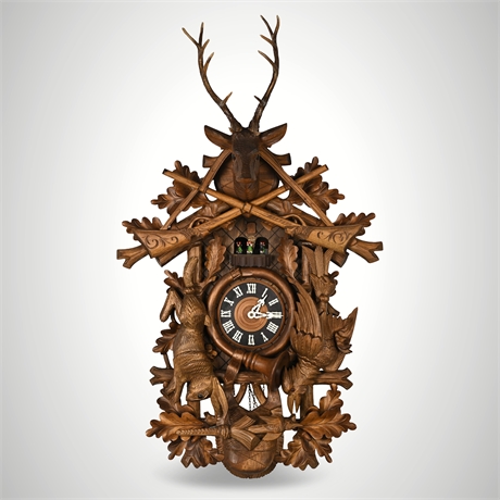 Regula 34 Black Forest Hunter Cuckoo Clock — Carved Wood, Musical, 38"