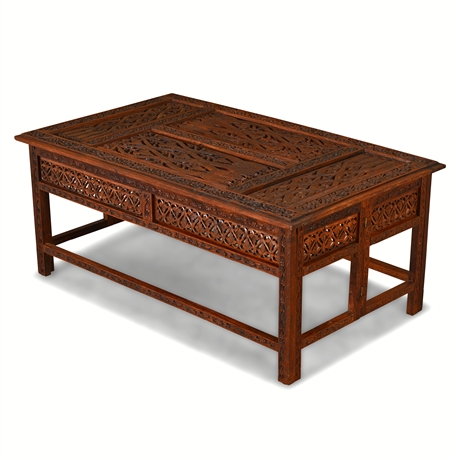 Vintage Moroccan Hand-Carved Hardwood Coffee Table – Avian & Floral Motifs