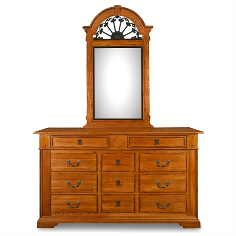 Lexington American Country West Dresser & Mirror – Solid Oak, 11 Drawers