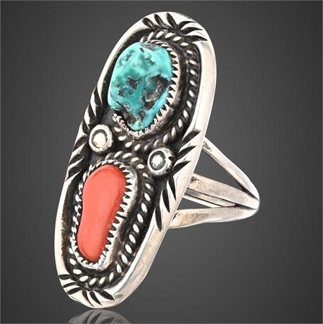 L.S. Benally Navajo Sterling Ring w/ Turquoise & Coral, Size 8