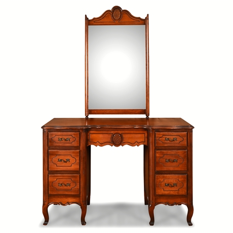 Vintage French Provincial Cherry Vanity with Mirror & Bench, 7 Drawers