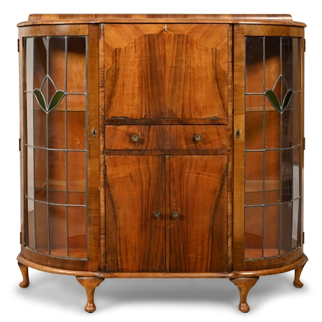 Vintage 1930s Art Deco Walnut Secretary Display Cabinet