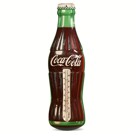 Coca-Cola Bottle-Shape Tin Thermometer Sign — TCA Tru-Temp, 1950s, USA