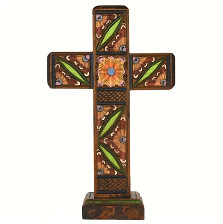 Hand-Carved Double-Sided Wooden Folk Art Cross