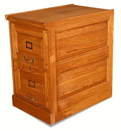 Solid Oak Two-Drawer Filing Cabinet w/ Brass Pulls