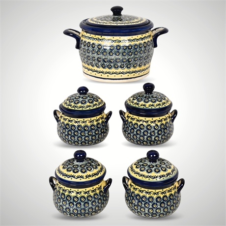 Bolesławiec Polish Pottery 5-Piece Lidded Soup Set – Double Handled