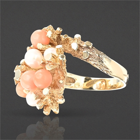 Vintage 14K Gold Brutalist Cocktail Ring w/ Coral & Pearls, Size 7