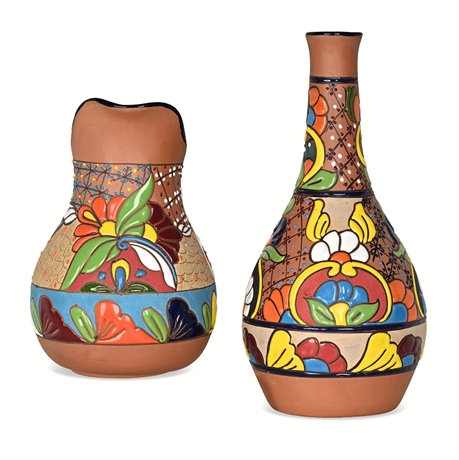 Talavera Hand-Painted Terracotta Pitcher & Bottle Vase