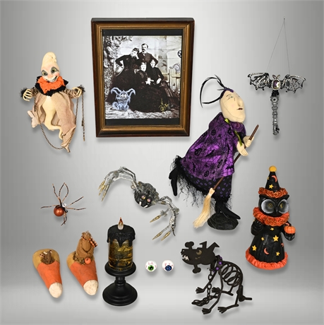 🎃 Halloween Decor Lot – Signed Print, Witch, Owl, Spiders, Bat & More (12pc) 👻