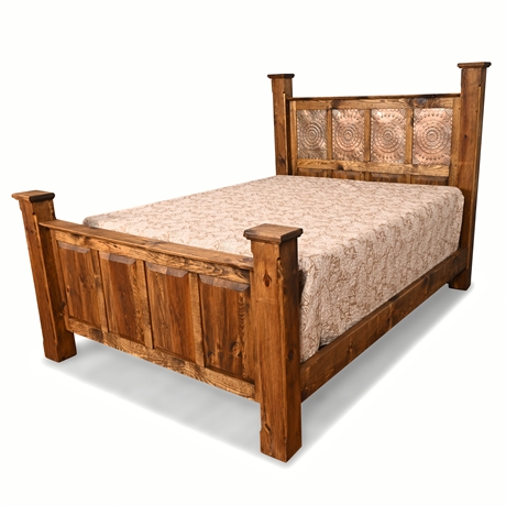 Rustic Queen Bed Frame w/ Hammered Copper Panel Headboard