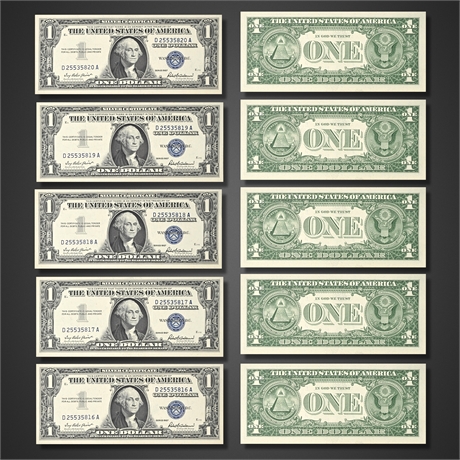 1957 $1 Silver Certificates – 5 Consecutive UNC Notes (Blue Seal)