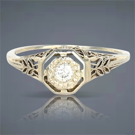 Antique Art Deco 10K White Gold Filigree Diamond Ring – Size 6