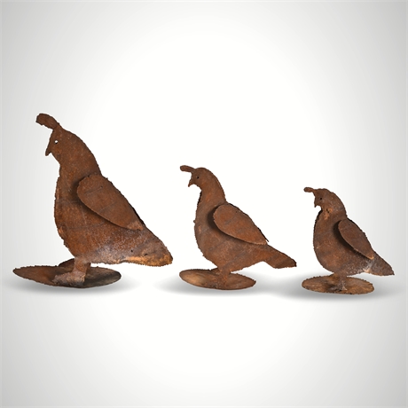 Brutalist Steel Quail Sculptures Trio Garden Art