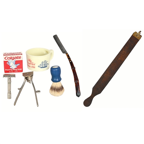 Vintage Shaving Kit with Old Spice Mug, Straight Razor, Brush, Strop, and Access