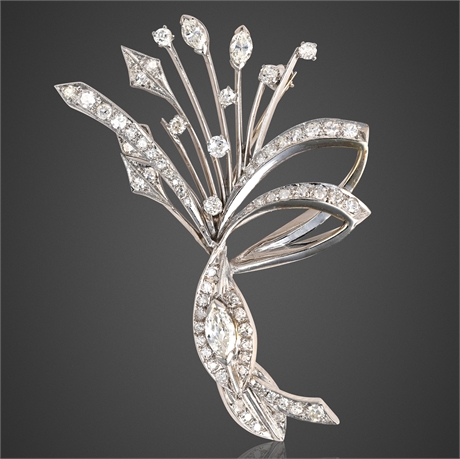 14K White Gold & Diamond Spray Brooch, Mid-Century, 1.46 cttw