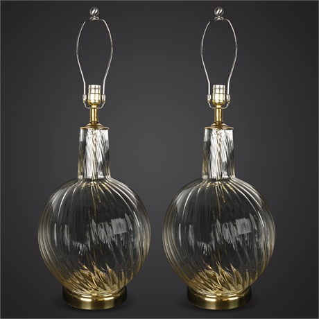 Pair of Vintage Swirled Glass Table Lamps – Brass Base, 3-Way Switch