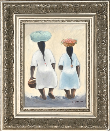 L. Medrano Oil on Canvas — Two Women with Baskets, Signed & Framed