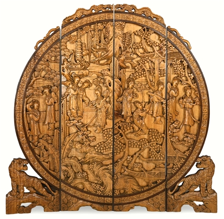 Large 20th Century Teak Hand-Carved Double-Sided Circular Screen ​​​​​​​