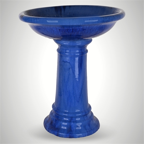 Cobalt Blue Glazed Ceramic Birdbath – Two-Piece Pedestal Form