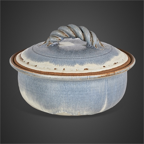 Studio Pottery Lidded Casserole, Twisted Rope Handle — Signed "Rich"