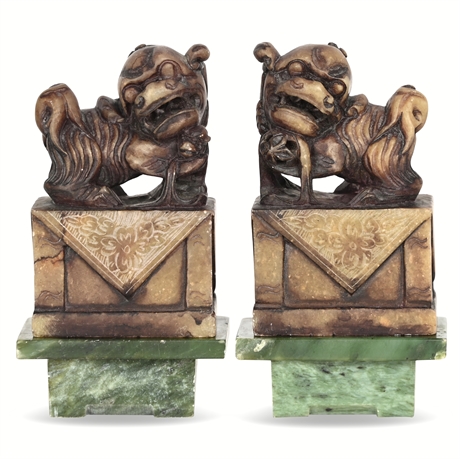 Mid-20th Century Carved Soapstone Shi Shi Lions on Jade Bases