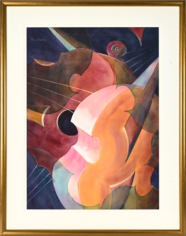 Donaldson Watercolor — Abstract Female & Violin Composition, 37.5" Framed