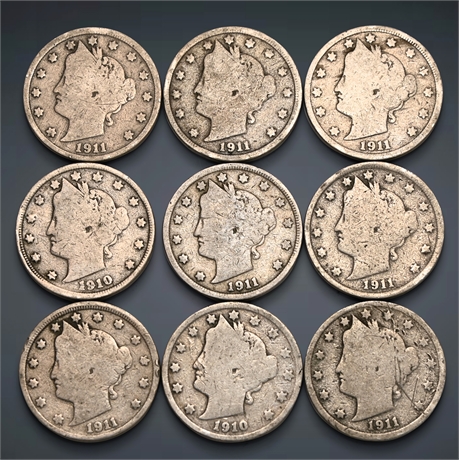 (9) 1910 & 1911 Liberty Head V Nickels
