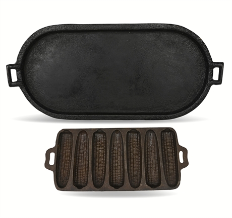 Cast Iron Double Handle Griddle & Birmingham Stove Cornbread Pan — Vintage